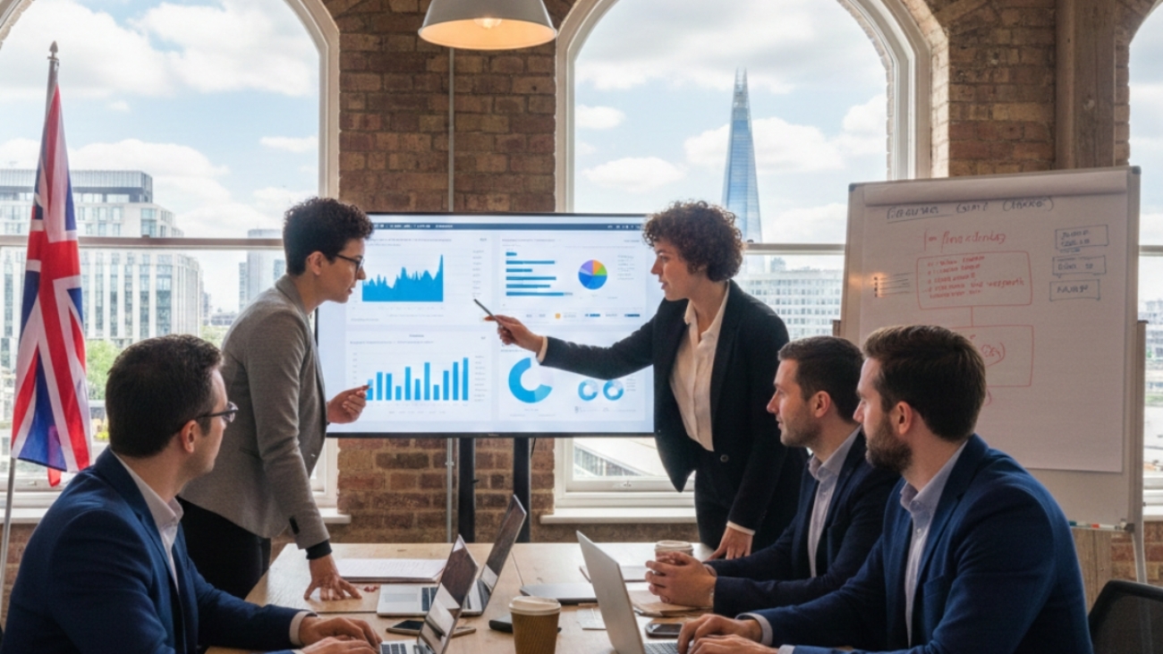 Generate me an Image: start up Financial cfo team working in office in UK